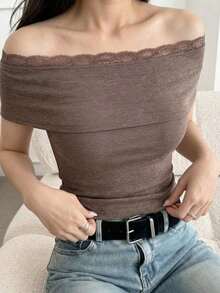 Camiseta de manga corta minimalista de unicolor para mujer, uso casual de todos los días en verano - Marrón - Ver 3