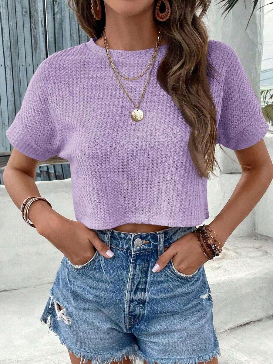 Camiseta corta de manga de murciélago color rosa sólido de primavera - Lila Púrpura - Ver 1