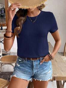 de manga corta para la primavera y el verano con cuello redondo y unicolor en tela texturizada para uso casual - Azul marino - Ver 3