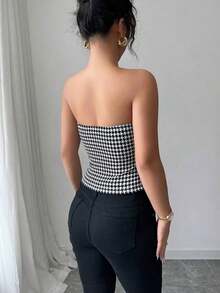 Top corto sin mangas con botones delanteros y estampado de pata de gallo, para uso en oficina o viajes, de moda para el verano - Multicolor - Ver 2