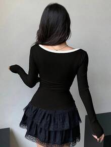 Camiseta de manga larga ajustada con decoración de lazo y bloque de color de patchwork para mujer, otoño - Negro - Ver 5