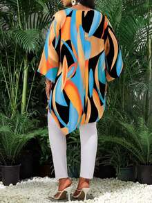 Blusa suelta y elegante de cuello redondo y manga 3/4 con acabado metálico sólido para mujer de talla grande.Atuendo de invierno térmico para Día de San Valentín, Año Nuevo y vacaciones, con estampado animal. - Multicolor - Ver 2