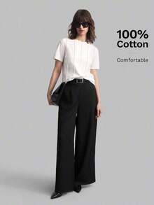 Camiseta casual de mujer de manga corta con cuello redondo, diseño de rayas de palillo de dientes de unicolor, adecuada para uso casual urbano de primavera/verano, moda minimalista, viajes de oficina, sencillez elegante, atuendo para el Día d - Caqui 2 - Ver 4