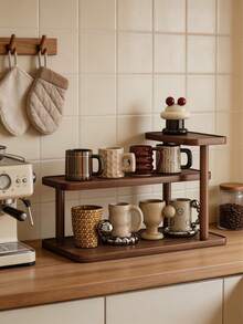1pc Vintage Wooden Desktop Organizer, Multi-Layer Cosmetic Storage Rack, Multi-Functional Home Storage Rack, Kitchen Spice Rack, Cup/Mug Holder, Lipstick, Perfume, Teacup, Spice Jar Open Display Shelf, Space-Saving Countertop Rack - Walnut - View 4