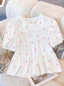 Blusa de mujer talla grande con estampado de mariposa, elegante y casual, apropiada para el transporte diario, salidas y recreación.Camisa de manga corta de cuello redondo y silueta abombada. - Rosa - Ver 1