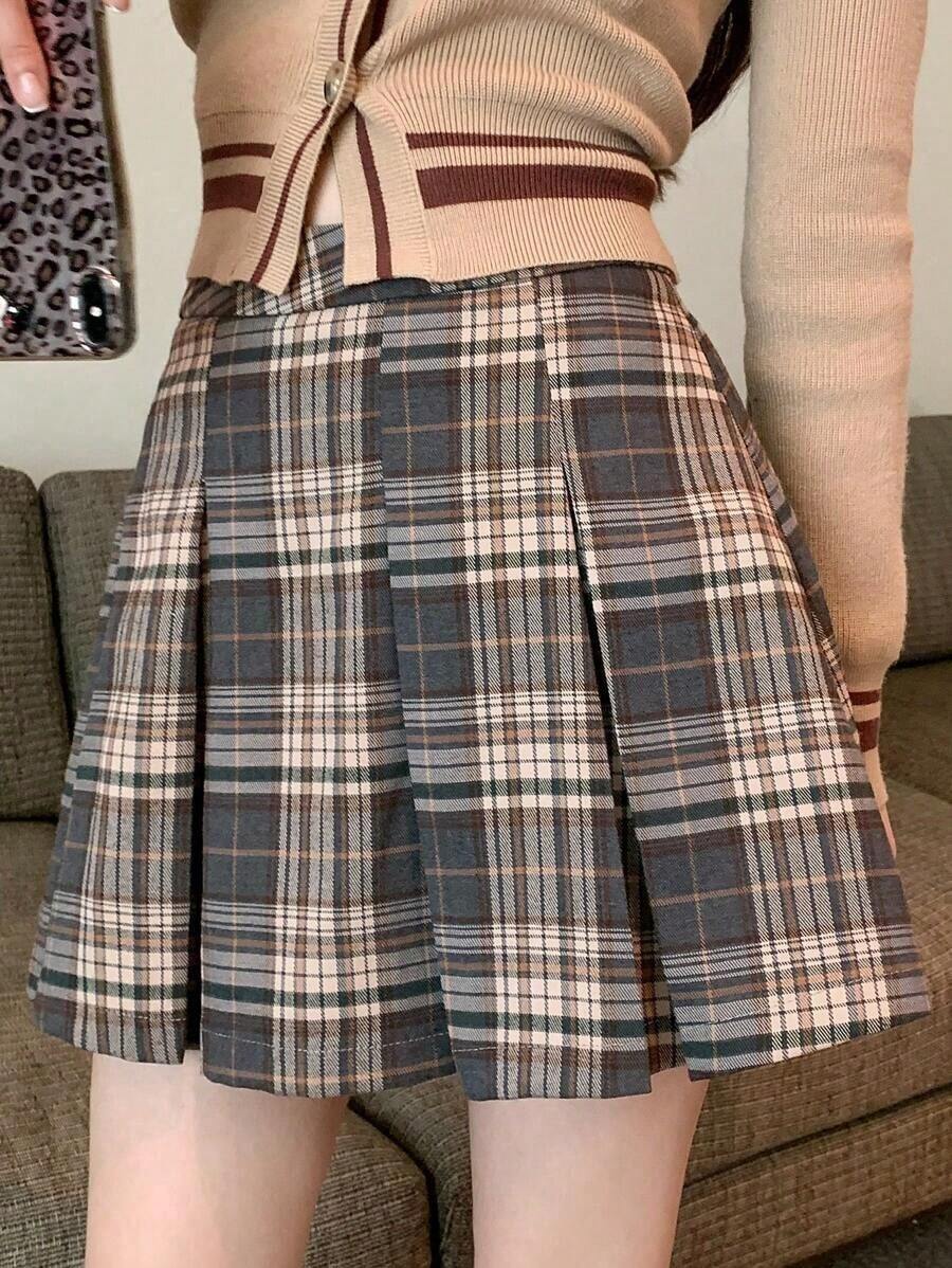 Falda pantalón plisada de unicolor para mujer con estilo informal universitario - Gris 2 - Ver 1