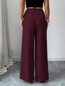 Elenzya Pantalones anchos de traje de color block elegante color albaricoque para mujeres - Burdeos - Ver 2