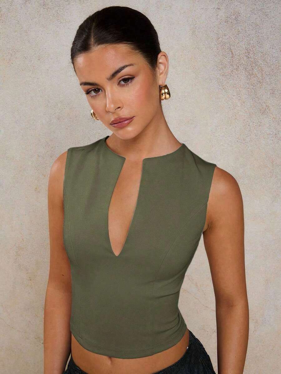Blusa sin mangas de corte slim de unicolor con cuello en V profundo para mujer - Verde militar - Ver 1