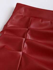 Falda mini acampanada de línea A con abertura lateral, de cintura alta y plisada, de PU estilo retro elegante para mujer, Y2K - Rojo - Ver 3