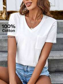 Camiseta de mujer cómoda de algodón, informal, con bolsillo, cuello en V, versátil y de moda - Blanco - Ver 3