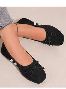 Black Wide Width Ballet-Style Bow Flat Shoes, Square Toe Soft Bottom Loafers, Wide Feet Friendly Commute Versatile Suede Shoes - Black - View 2