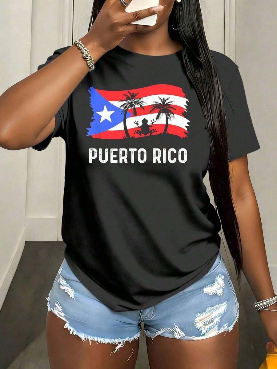Women's Vintage Style T-Shirt With Puerto Rican Frog Print, Short Sleeve, Perfect For Outdoor Use, At Home Or For Sports Activities, Valentine's Day Outfit, Summer Vacation Clothes. - 黑色 - 查看 1