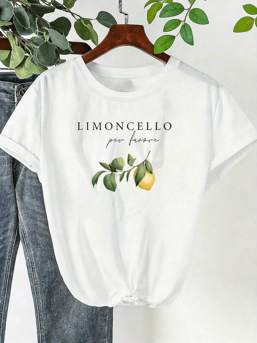 Camiseta de Mujer Talla Grande 100% Estampado de Limón - Blusa de Manga Corta y Cuello Redondo, Top Casual y Elegante para Primavera y Verano con Diseño de Rodaja de Limón y Letras Cítricas, Tejido Suave y Transpirable para Ropa de Casa o Atuendo Casual, Lavable a Máquina - Blanco - Ver 1