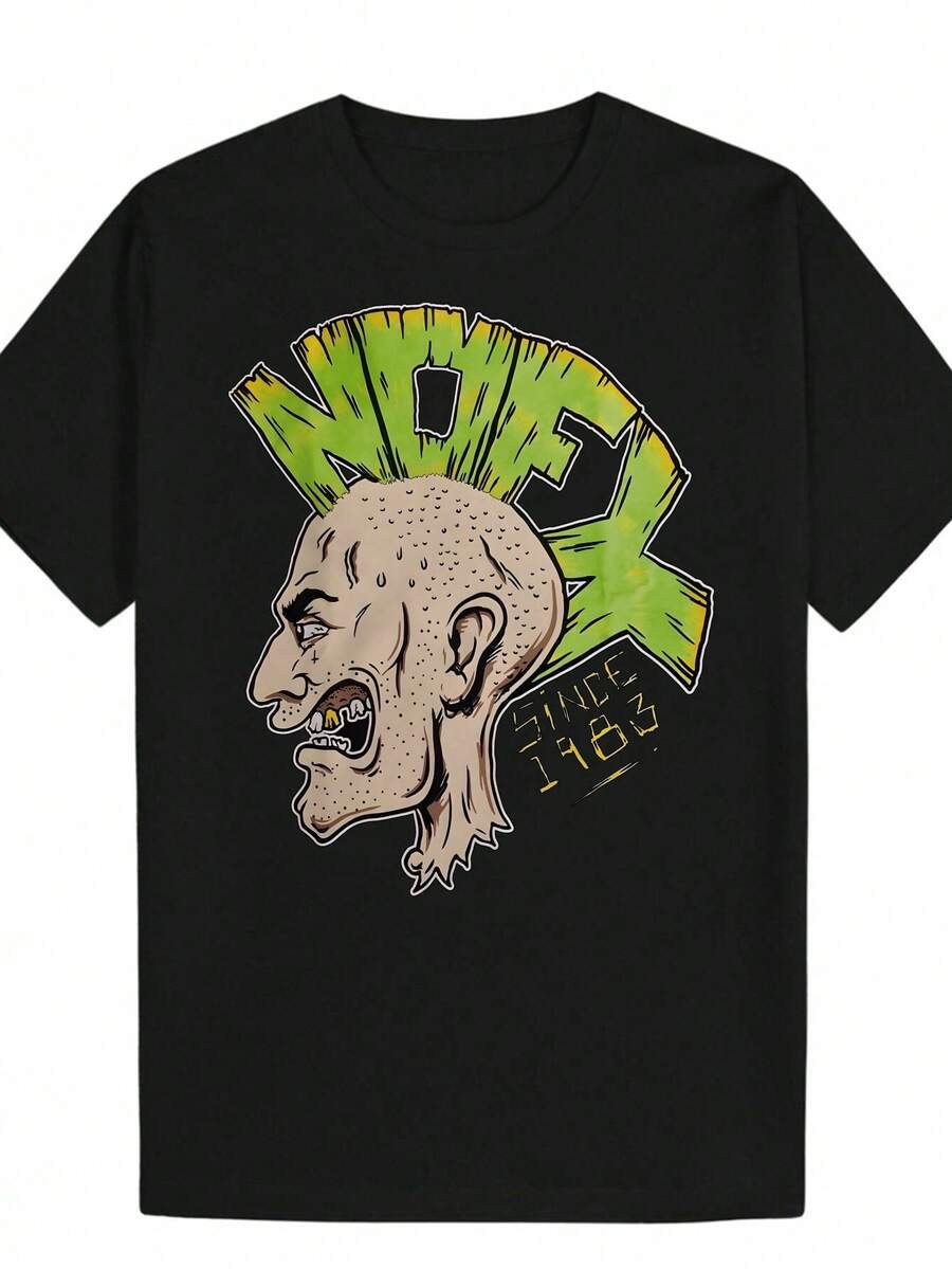 Camiseta de hombre con estampado de corte de pelo verde neón estilo punk rock - Negra con detalles neón, corte holgado, estilo streetwear para conciertos, festivales, eventos musicales y uso casual - Camiseta con estampado lavable a máquina para todas las estaciones. - Negro - Ver 1
