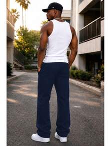 Mens Casual Tech Fleece Solid Stacked Sweat Pants Casual Pants Flare Cotton Blend - 藏蓝色 - 查看 2