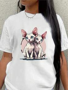 Polyester Short-Sleeved T-Shirt, Printed With A Cute Sphinx Cat Design, Lightweight And Durable, Suitable For Casual Wear At Home Or In A Cafe, Made Of Soft And Comfortable Printed Fabric, The First Choice For Everyday Wear. - White - View 7