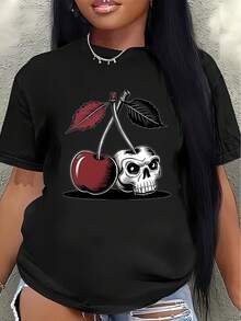 Polyester Short-Sleeved T-Shirt With A Cherry And Skull Design, Lightweight And Durable, Suitable For Casual Wear, Ideal For Parties, Cafes, Or Everyday Outfits, With Eye-Catching Prints And Color Combinations. - 黑色 - 查看 1