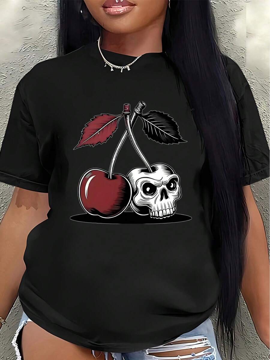 Polyester Short-Sleeved T-Shirt With A Cherry And Skull Design, Lightweight And Durable, Suitable For Casual Wear, Ideal For Parties, Cafes, Or Everyday Outfits, With Eye-Catching Prints And Color Combinations. - 黑色 - 查看 1