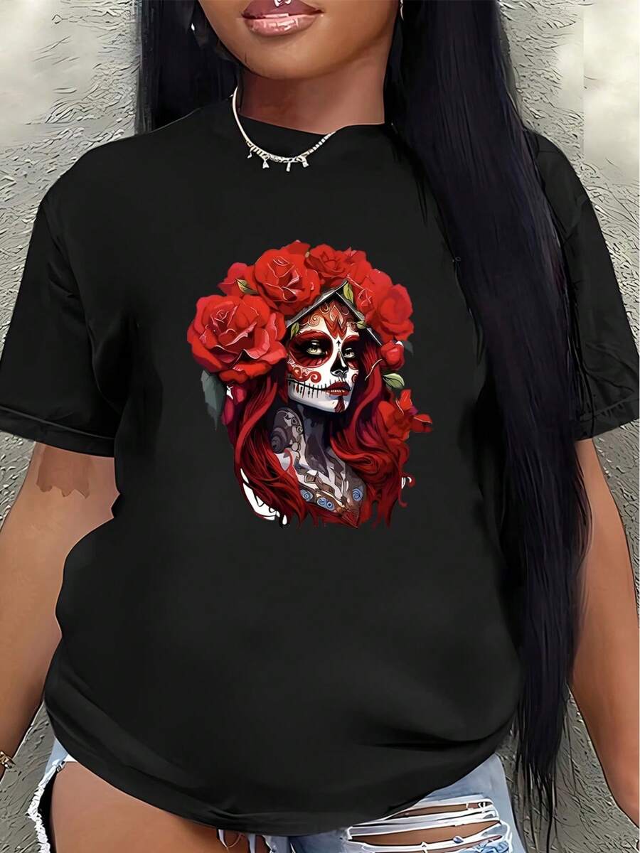 Camiseta de manga corta de poliéster, decorada con motivos de calaveras de azúcar del Día de Muertos y rosas rojas, ligera y duradera, adecuada para uso casual en casa o en restaurantes, cómoda y de buen ajuste para el uso diario.women's shirts - Negro - Ver 1