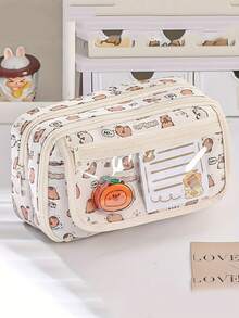 1 pieza Bolsa de papelería de gran capacidad y multicapa con diseño de capibara/Estuche de lápices con estampado lindo, textura premium/Caja organizadora de escritorio, regreso a la escuela - Multicolor - Ver 2