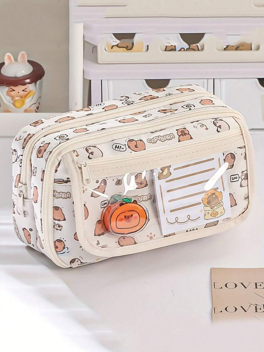1 pieza Bolsa de papelería de gran capacidad y multicapa con diseño de capibara/Estuche de lápices con estampado lindo, textura premium/Caja organizadora de escritorio, regreso a la escuela