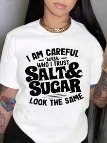 Regalo: 1 camiseta blanca para mujer con estampado de la frase "Salt & Sugar", cuello redondo, camiseta casual de algodón, tejido de punto de elasticidad media, corte regular para damas, para primavera/verano/otoño, suave. - Blanco - Ver 1