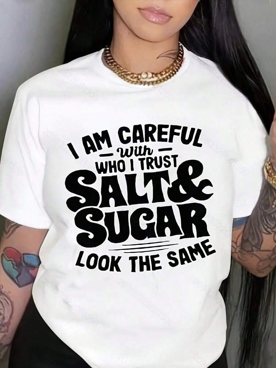 Regalo: 1 camiseta blanca para mujer con estampado de la frase "Salt & Sugar", cuello redondo, camiseta casual de algodón, tejido de punto de elasticidad media, corte regular para damas, para primavera/verano/otoño, suave. - Blanco - Ver 1