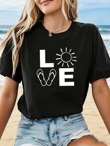 Estilo Curvo de Tallas Grandes: Ocio y Romance de Verano. Camiseta holgada de primavera/verano para mujer con estampado "LOVE Summer". Ideal para vaca - Negro - Ver 6