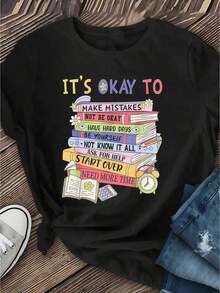 1 Piece Of Black T-Shirt With Motivational Book Print For Women, Unisex Casual Round Neck T-Shirt, Lightweight Knit Fabric, Machine Washable, For Spring/Summer/Autumn, Christmas/Valentine's Day/Thanksgiving, 180g, 100% Cotton. - 黑色 - 查看 1