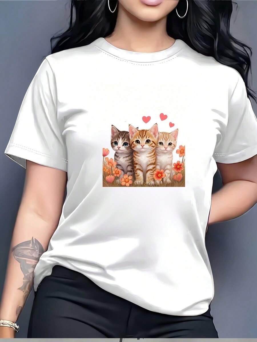 Camiseta de mujer 100% algodón con diseño de tres gatos - ideal para festivales de música de verano y reuniones familiares, un regalo perfecto para amantes de los gatos, camiseta suave y cómoda con diseño festivo de corazón. Camiseta de mujer de color sólido simple, corte holgado y ajustado, manga corta casual. - Blanco - Ver 1