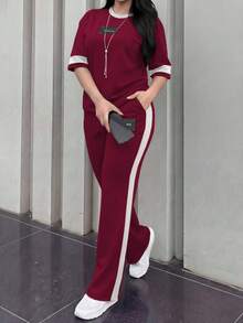 女款新款圓領短袖T恤與鬆緊腰寬鬆長褲兩件套，休閒日常穿著，春夏秋優雅風 - 酒紅64+白 - 查看 1