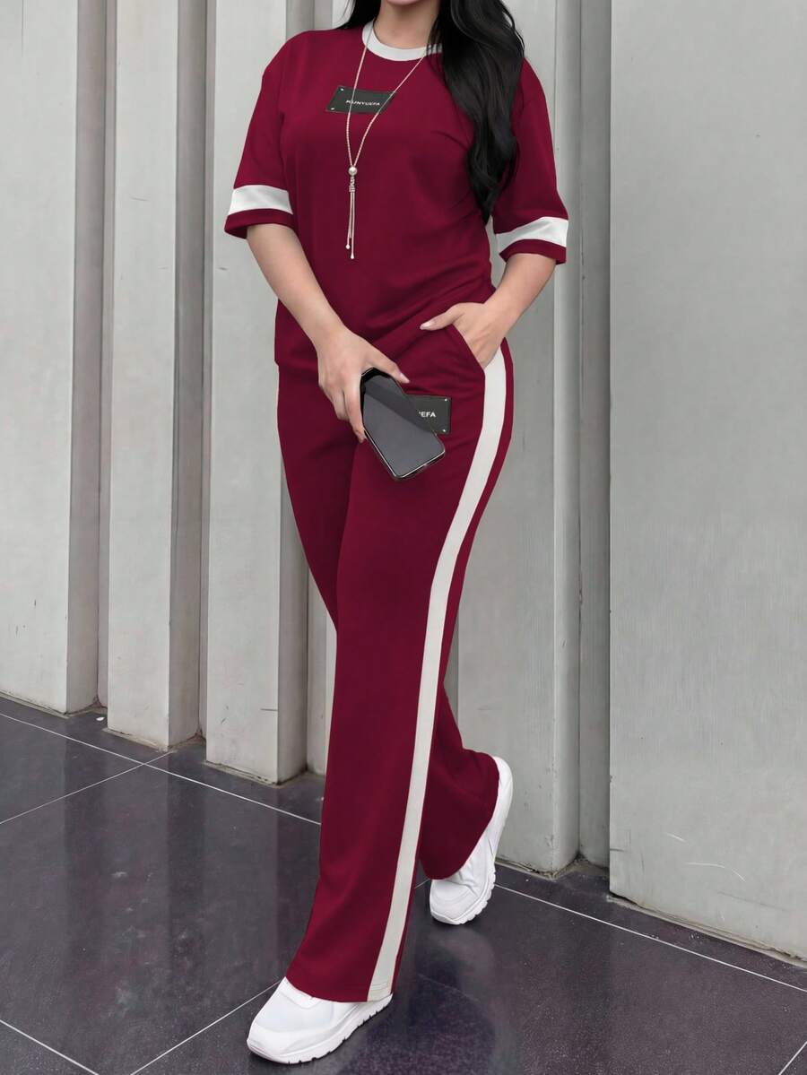女款新款圓領短袖T恤與鬆緊腰寬鬆長褲兩件套,休閒日常穿著,春夏秋優雅風 - 酒紅64+白 - 查看 1