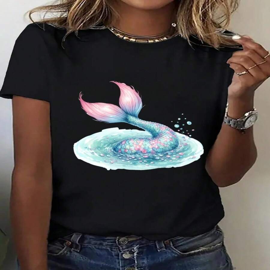 Women's Black Cotton Round Neck Short Sleeve T-Shirt With Vibrant Mermaid Tail Print, Casual And Stylish Regular Length Top - 黑色 - 查看 1