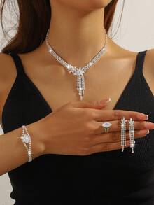 5pcs Micro-Inlaid Zirconia Geometric Exquisite Versatile High-End Necklace, Earrings, Bracelet And Ring Set, Suitable For Women's Daily Commute, Wedding, Party And Holiday Gifts - Luxury Necklace Set - View 12
