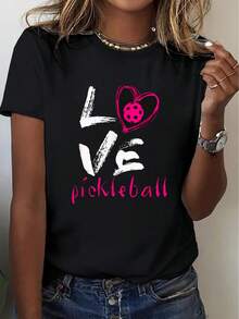 Limited Time Offer, Limited Quantities, Flash ! Women's Casual Shirts, Women's Polyester T-Shirts, Elegant Shirts. Women's Printed T-Shirt - Designed Exclusively For Pickball Fans | Pink Short-Sleeved Crew Neck T-Shirt With A Heart Print And The Word "LOVE"; Lightweight And Comfortable, Casual Fit, Ideal Birthday Gift; Machine Washable; Specially Designed For Pickball Fans; Fun Design That Combines Comfort And Durability. - 黑色 - 查看 1