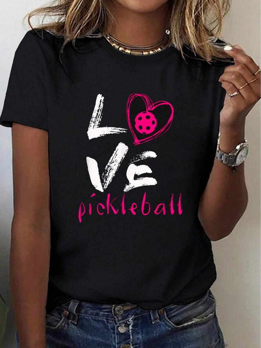 Limited Time Offer, Limited Quantities, Flash ! Women's Casual Shirts, Women's Polyester T-Shirts, Elegant Shirts. Women's Printed T-Shirt - Designed Exclusively For Pickball Fans | Pink Short-Sleeved Crew Neck T-Shirt With A Heart Print And The Word "LOVE"; Lightweight And Comfortable, Casual Fit, Ideal Birthday Gift; Machine Washable; Specially Designed For Pickball Fans; Fun Design That Combines Comfort And Durability. - 黑色 - 查看 1
