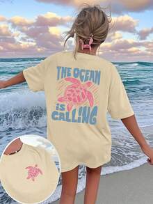 Top de verano estilo Y2K, camiseta retro con diseño de tortuga, linda y divertida, camiseta con motivos marinos de los 90, diseño de letras de dibujos animados, ropa casual perfecta para mujeres, versátil y cómoda, adecuada para vacaciones en la playa y uso diario. - Caqui - Ver 3