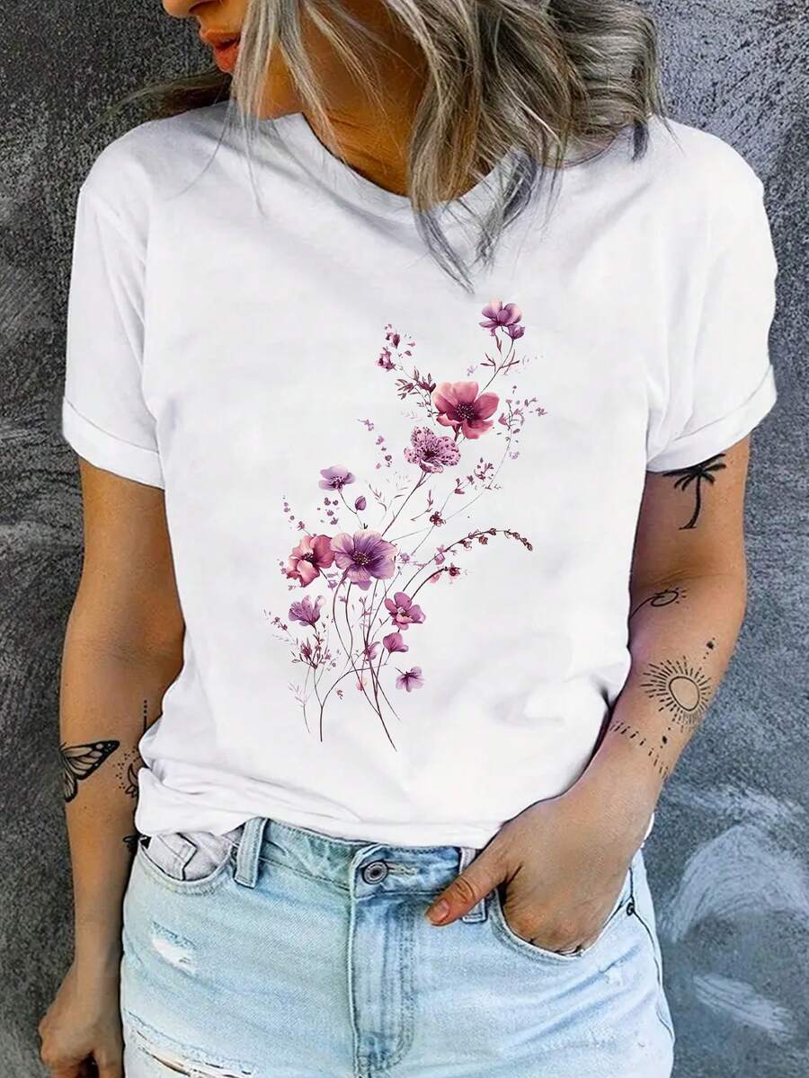 Camiseta Elegante para Mujer con Estampado Floral en Acuarela| Material suave, perfecto para primavera, verano y otoño, ropa casual y para vacaciones, holgado y cómodo, top de manga corta a la moda para mujer. - Blanco - Ver 1