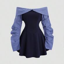 Women's Autumn/Winter Collegiate Style Minimalist Bardot Ruched Waist Contrast Color Mini Dress, Figure-Flattering - Multicolor - Ver 2