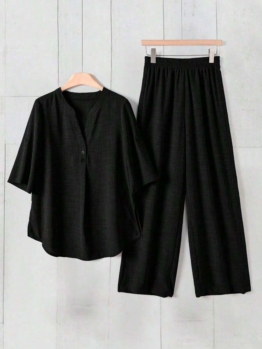 Camisa y pantalones de tela vaquera informal - Negro - Ver 1