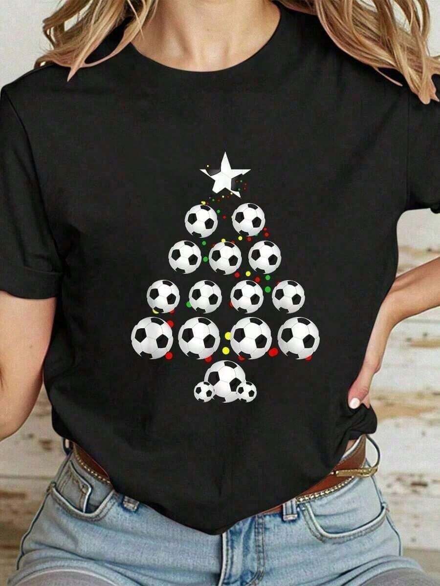 Women's 100% Cotton T-Shirt With Fun Christmas Print, Football And Holiday Decorations, Vintage Style, Unisex, Loose Fit, Short Sleeve And Round Neck, 100% Pure Cotton. - 黑色 - 查看 1