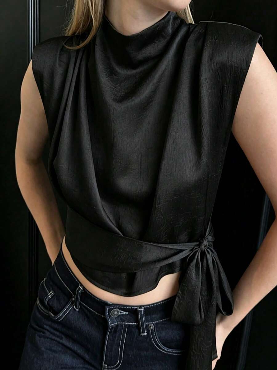 ZAHM Elegantes Jacquard-Satin-Top ohne Ärmel mit Bindegürtel, Sommerurlaub Schwarz - Schwarz - Übersicht 1