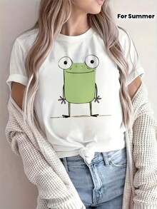 Casual Essential Garment [Specific Style] Short-Sleeved T-Shirt With Round Neck, Breathable Cartoon Animal Print (Frog) With Abstract Design, Casual Style, Simple And Fashionable, Casual Sports T-Shirt, New Summer Short-Sleeved T-Shirt For Women, Made Of Soft Cotton For Daily Wear. - 白色 - 查看 3