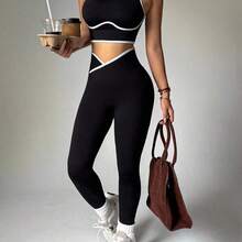 Dewbera Contrast Trim Hollow Back Camisole & Leggings Sports Suit - Marrón - Ver 5
