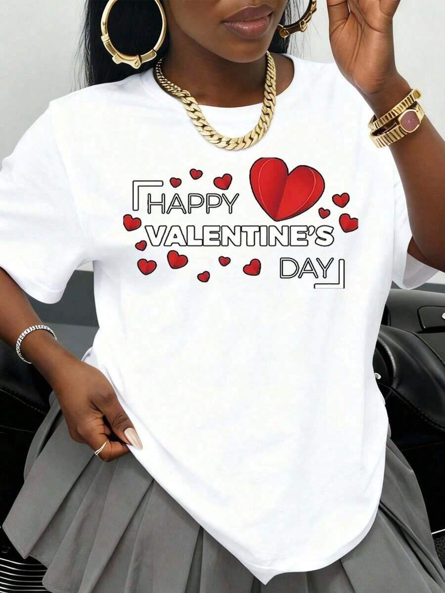 Women's Heart Print T-Shirt For Valentine's Day, Valentine's Day Gift, Casual Wear, Cute And Romantic, Fashionable Summer T-Shirt - 白色 - 查看 1