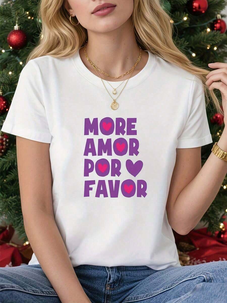 Women's "More Love Please" T-Shirt - White Short Sleeve Blouse For Valentine's Day With "MORE LOVE PLEASE" Print, Round Neck, Casual, For Parties, Gifts And Casual Wear, Machine Washable - 白色 - 查看 1
