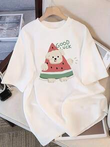 Women's White Korean Style T-Shirt, Cute And Versatile - Short Sleeve Round Neck Summer Top With Pomeranian And Watermelon Prints, GOOD LU Letters And Korean Characters, Loose Fit For Teachers, Casual Wear, Machine Washable Korean Fashion Cotton T-Shirt. - 白色 - 查看 7