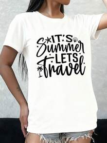 Modern And Minimalist Summer Travel T-Shirt | Women's White Top, Casual Style, Short Sleeve, Made Of Fabric, Very Suitable For The Office, Dates And Outings, An Ideal Gift For Vacations And For Casual Daily Wear. - 白色 - 查看 1