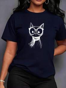 Women's Casual Top. Fitted Women's T-Shirt With A Cat Wearing Glasses Design, Perfect For Everyday Wear. Lightweight And Breathable, Suitable For Various Occasions. A Must-Have For Casual Daily Wear. - 白色 - 查看 8