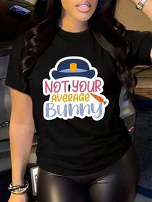 Women's Casual Cotton T-Shirt, Round Neck, Short Sleeve, With 'Not Your Average Bunny' Graphic Print, Regular Fit - 黑色 - 查看 1